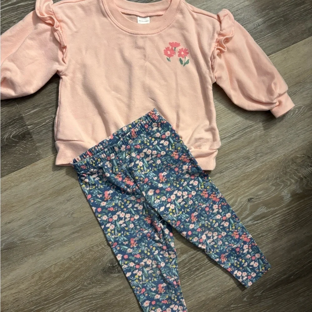 Carter’s Little Girls Peach Ruffle Sleeve Top and Floral Leggings Set Sz 12M